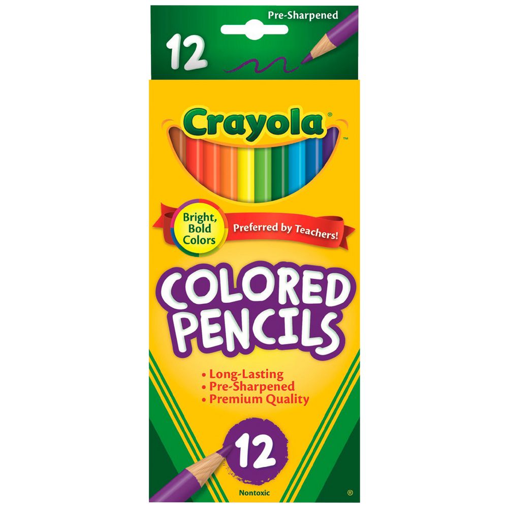 Pack of 12 Crayola coloured pencils, pre-sharpened in bright colours, perfect for use with the Obie the Obelisk Explores Robe colouring book.