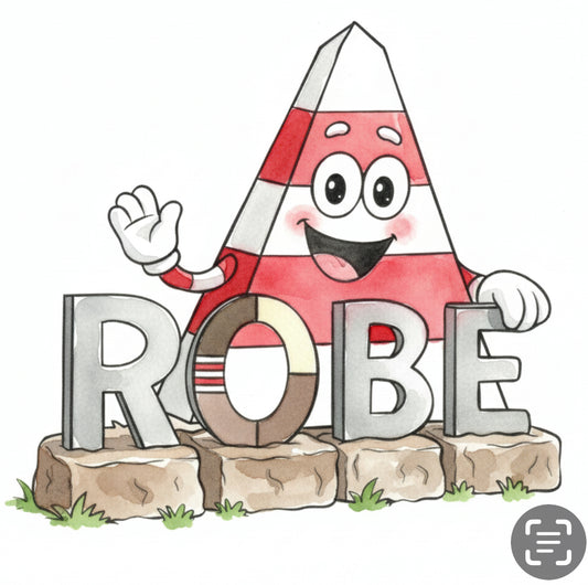 Cartoon character Obie the Obelisk with the ROBE South Australia sign print in a white frame.