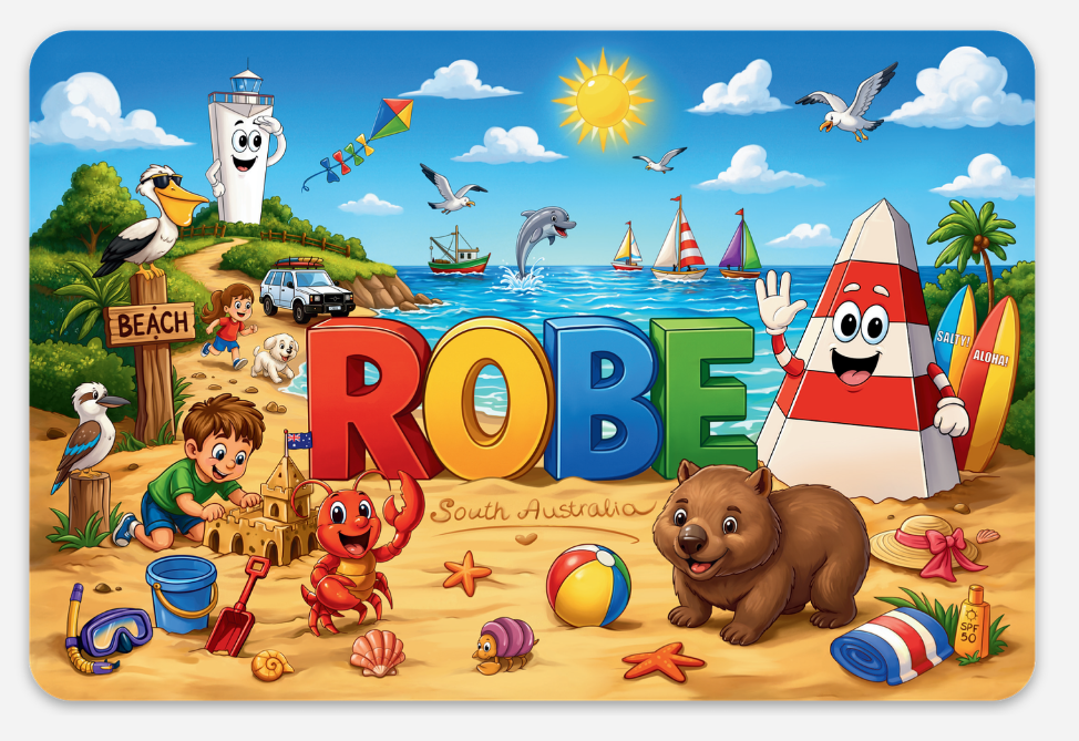 A colorful beach-themed decorative sign or plaque featuring the word 'ROBE' in large multicolored letters, with a cartoon surfer hat, seagulls, sailboats, a lighthouse, a crab, a wombat, and beach toys on a sandy shore. The sign has rounded corners and a white border.