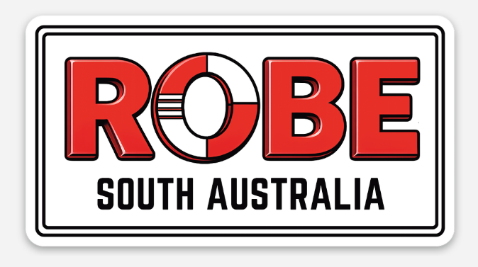 ROBE South Australia souvenir magnet featuring bold red and white ROBE lettering with a striped O inspired by Robe’s iconic Obelisk.