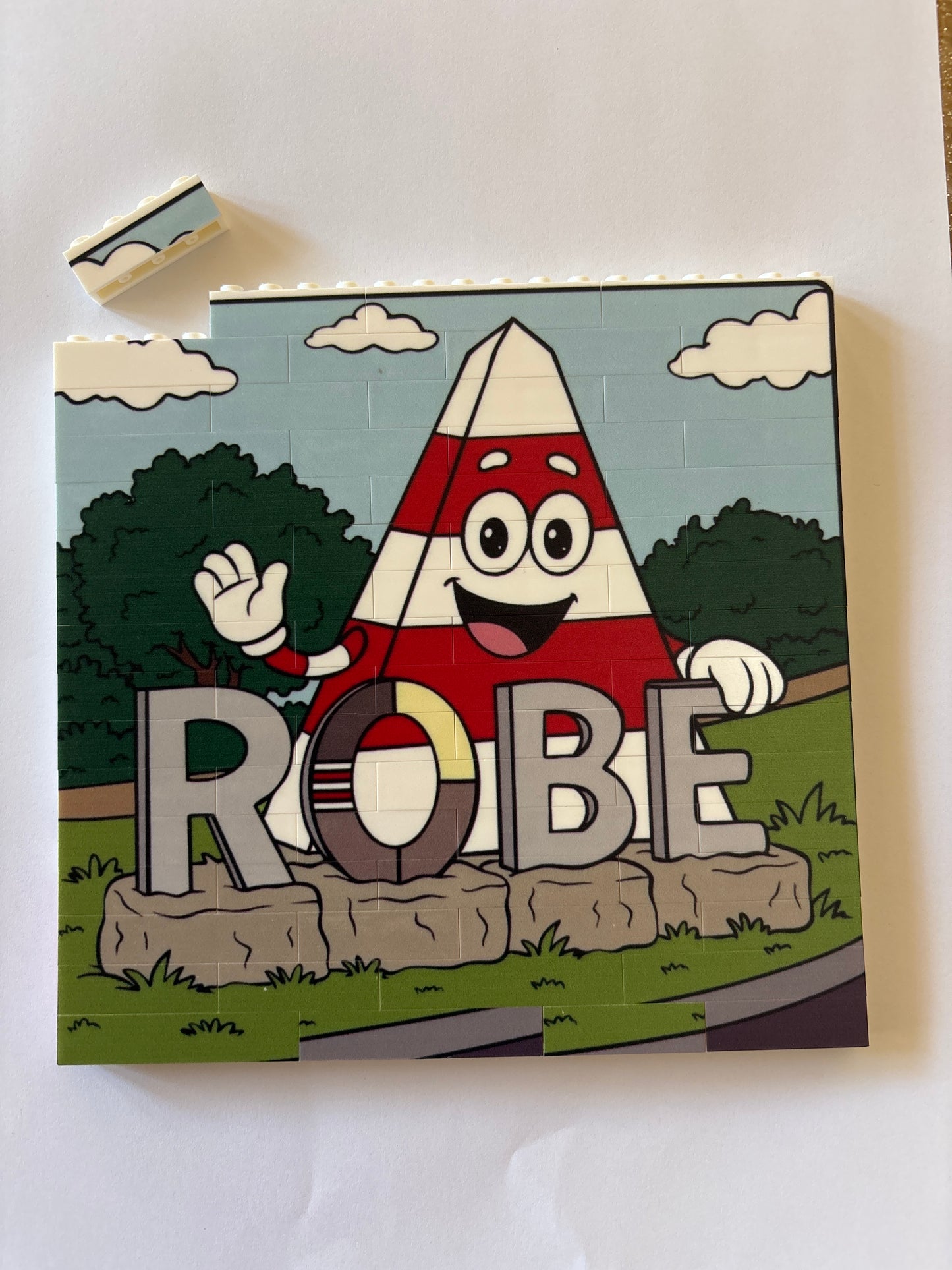 Obie the Obelisk with the ROBE South Australia sign double sided Lego-style building block puzzle. 