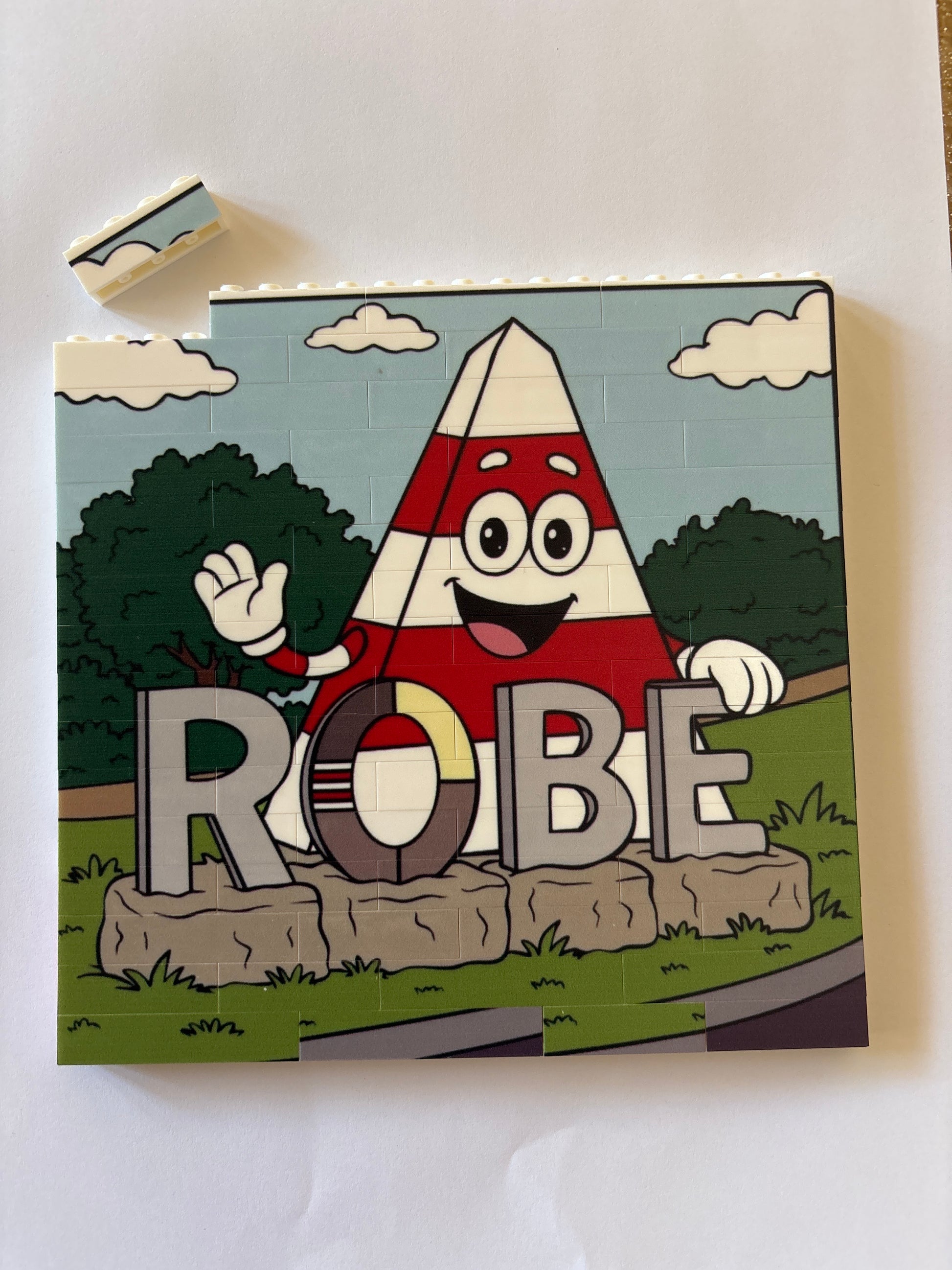 Obie the Obelisk with the ROBE South Australia sign double sided Lego-style building block puzzle. 