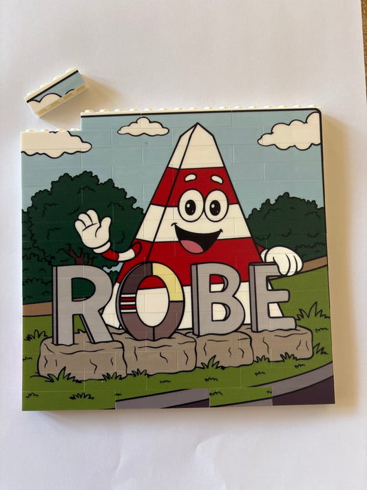 Obie the Obelisk with the ROBE South Australia sign double sided Lego-style building block puzzle. 