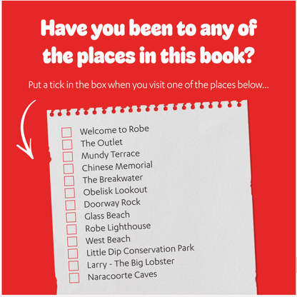 Obie the Obelisk checklist of all the iconic places in Robe South Australia that are featured in this colouring book. 