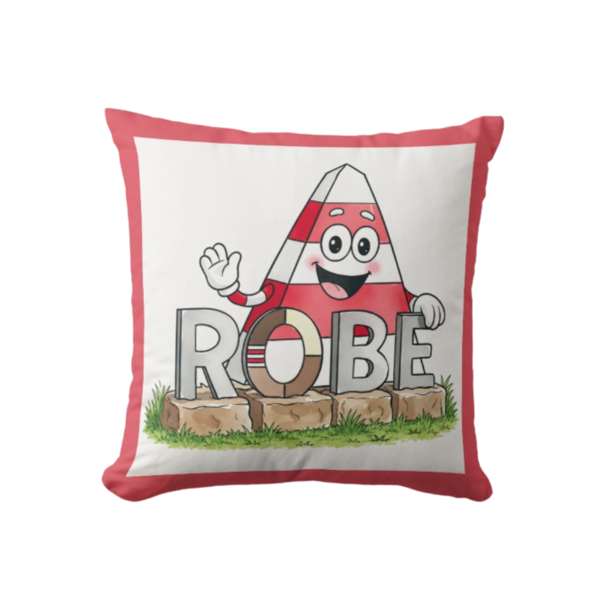 Obie the Obelisk decorative cushion featuring a cheerful red and white striped Obie waving behind the iconic ROBE sign, with a red border. A colourful souvenir inspired by Robe, South Australia.