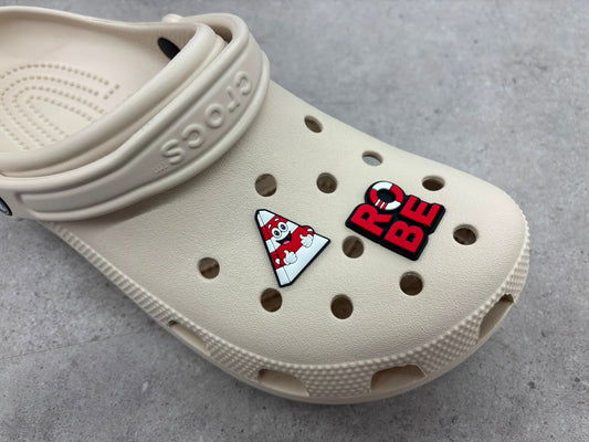 Obie the Obelisk and ROBE shoe charms on a clog – Robe, South Australia souvenir