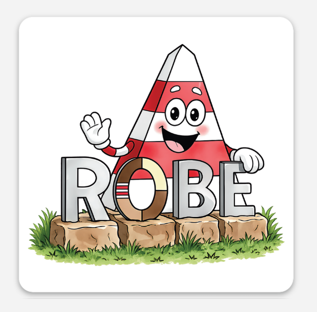 Obie the Obelisk waving behind the colourful ROBE sign in Robe, South Australia, illustrated on a souvenir fridge magnet.