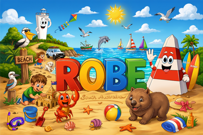 Colourful Obie the Obelisk Robe jigsaw puzzle featuring the ROBE sign, beach, ocean, boats, lighthouse, Australian wildlife and seaside characters in Robe, South Australia.
