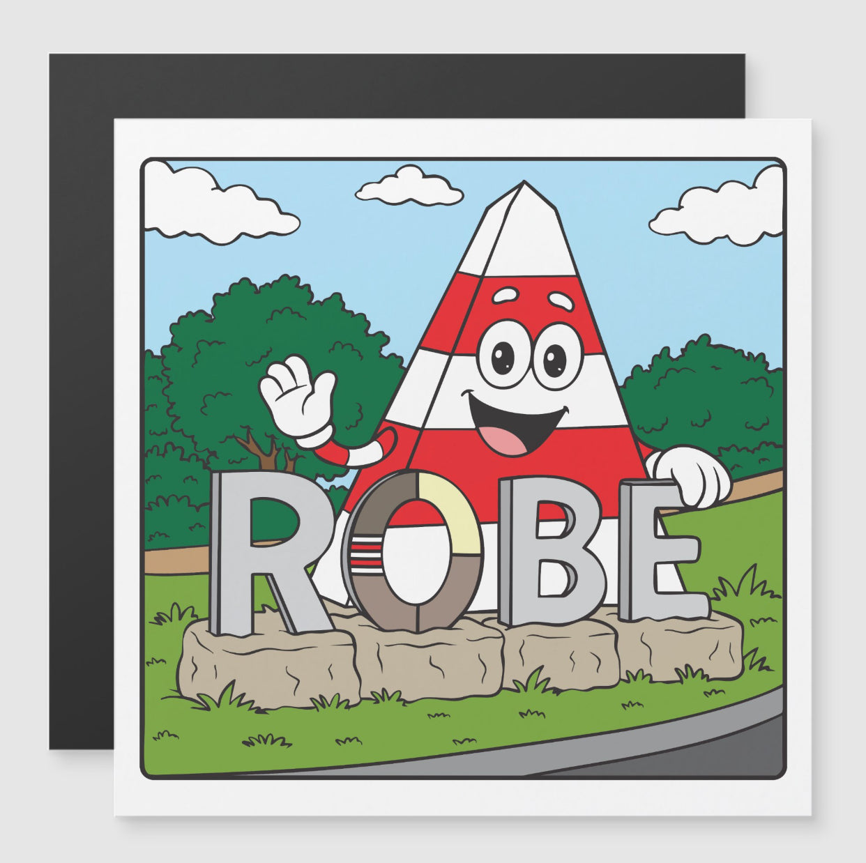 Obie the Obelisk Large fridge magnet with the ROBE South Australia sign. 