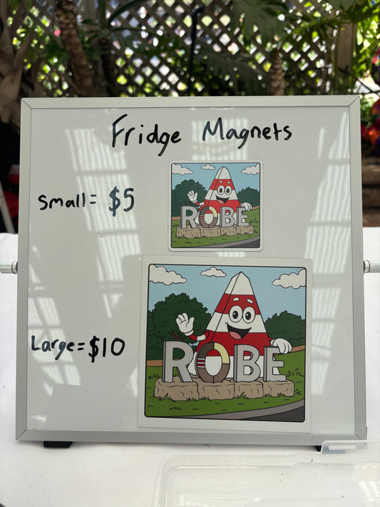 Obie the Obelisk small and large fridge magnets with the ROBE South Australia sign. 