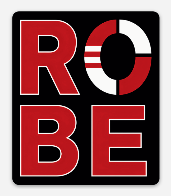 ROBE South Australia souvenir magnet in red, white and black, featuring Obelisk-inspired stripes and an O inspired by the iconic ROBE town entrance sign.