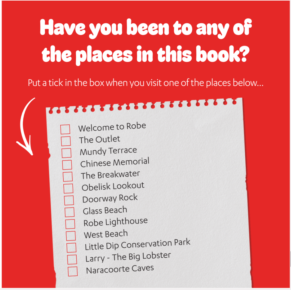 Obie the Obelisk checklist of all the iconic places in Robe South Australia that are featured in this colouring book. 
