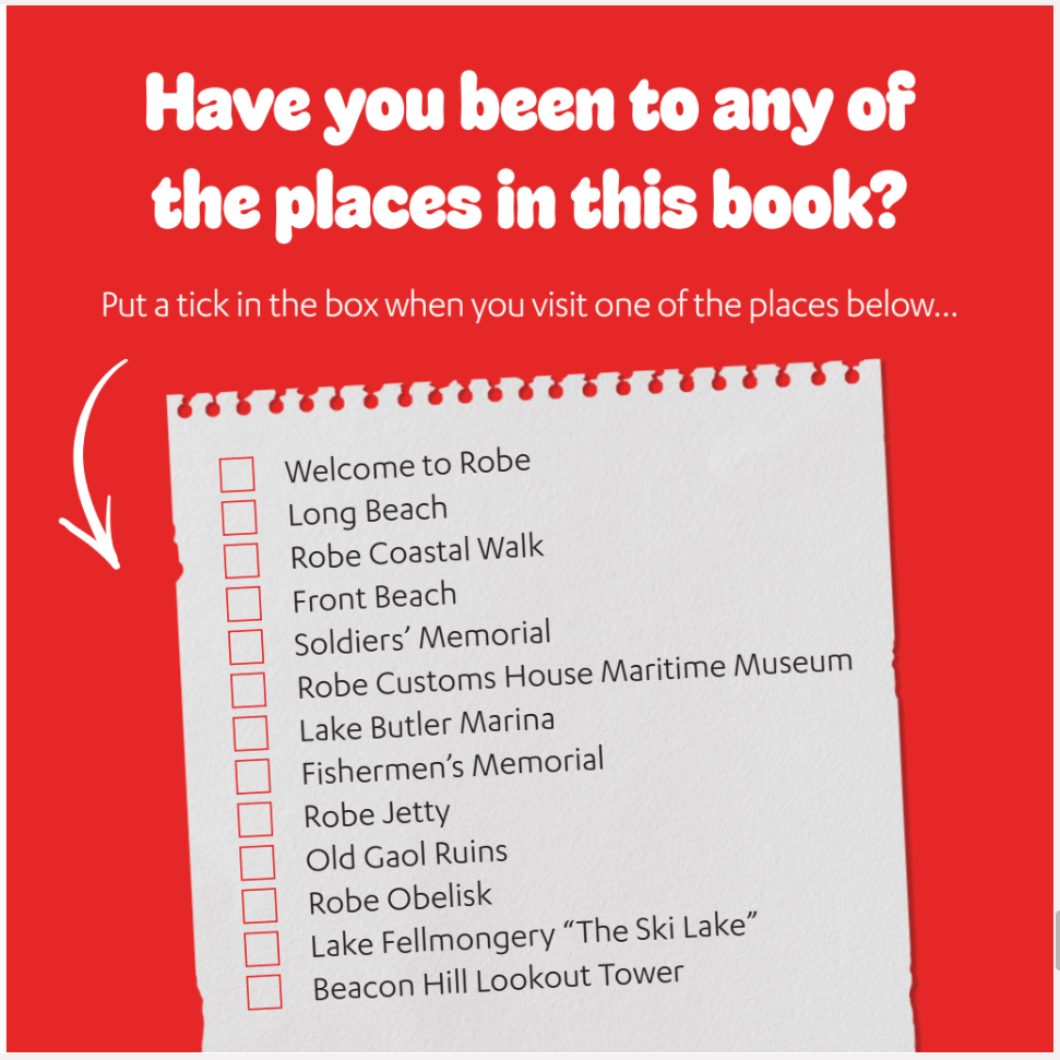 Obie the Obelisk checklist of all the iconic places in Robe South Australia that are featured in this colouring book. 