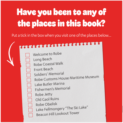 Obie the Obelisk checklist of all the iconic places in Robe South Australia that are featured in this colouring book. 