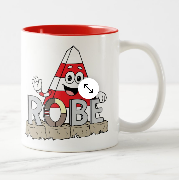 Ceramic mug with Obie the Obelisk cartoon character and the infamous ROBE South Australia sign. 